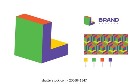 3D letter L Logo corner view with pattern and colour code swatches for branding designs with colors red, green, blue, yellow