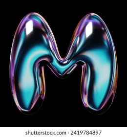 3D letter M from the English alphabet with a holographic glossy surface, Y2K balloon bubble design, rendered in smooth, transparent glass. Isolated vector for retro-futuristic 2000s themes