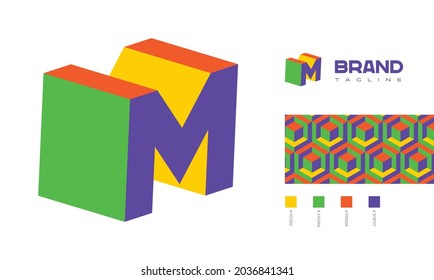 3D letter M Logo corner view with pattern and colour code swatches for branding designs with colors red, green, blue, yellow