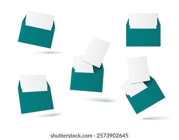 3d letter mockup set with turquoise envelopes and blank paper sheets in different positions. Floating postal stationery set on white background. Minimal mail design template for branding presentation.