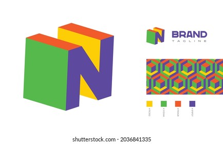 3D letter N Logo corner view with pattern and colour code swatches for branding designs with colors red, green, blue, yellow