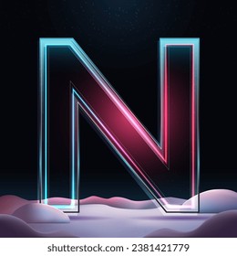 3D letter N with neon light insight.  Glass letter with sparkles and winter background. Holiday decoration. Element for design poster, advertisign or game