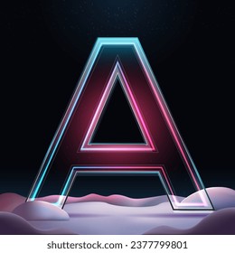 3D letter A with neon light insight.  Glass letter with sparkles and winter background. Holiday decoration. Element for design poster, advertisign or game