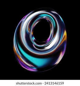 3D letter O in glossy holographic style with metallic neon reflective surface. Y2K retro futuristic balloon bubble form with shine, isolated vector render for modern design  svg