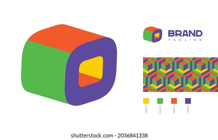 3D letter O Logo corner view with pattern and colour code swatches for branding designs with colors red, green, blue, yellow