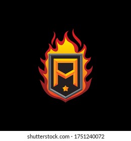 3D letter A on the pentagon frame with fire effect. Emblem, badge for gaming, individual and company business.