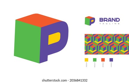 3D letter P Logo corner view with pattern and colour code swatches for branding designs with colors red, green, blue, yellow