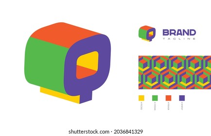 Letra 3D Q Vista de esquina de logotipo con swatings de patrones y códigos de color para diseños de marca con colores rojo, verde, azul, amarillo