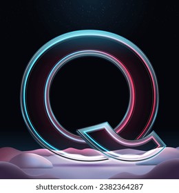 3D letter Q with neon light insight.  Glass letter with sparkles and winter background. Holiday decoration. Element for design poster, advertisign or game