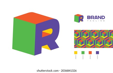 3D letter R Logo corner view with pattern and colour code swatches for branding designs with colors red, green, blue, yellow