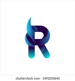 3D Letter R Logo with ocean illustration in vector