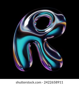 3D letter R in a Y2K style font. Balloon bubble shape, liquid metal with a smooth, glossy, holographic rainbow surface. Isolated vector letter from English alphabet for retro futuristic 2000s design svg