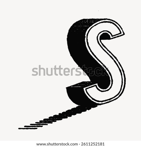 3D letter 'S' in black and white, casting a shadow. The letter 'S' stands out with a bold, graphic design. Simple and striking 'S' illustration. Vintage font isolated vector.