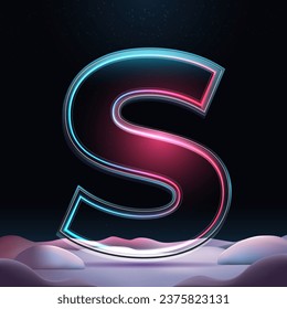 3D letter S with neon light insight.  Glass letter with sparkles and winter background. Holiday decoration. Element for design poster, advertisign or game