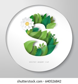 3d letter S in round sticker. Letter of paper flower and leaves. Vector paper cut.