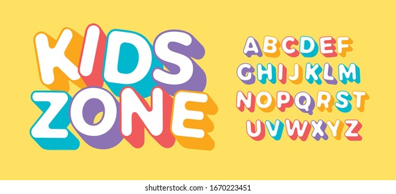 3D letter set for Kids Zone. Font for children birthday party, festive, kids logo or colorful funny poster. Simple flat multi color alphabet. Vector typography