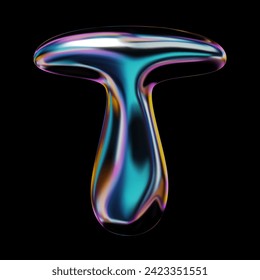 3D letter T in a Y2K style font. Balloon bubble shape, liquid metal with a smooth, glossy, holographic rainbow surface. Isolated vector letter from English alphabet for retro futuristic 2000s design svg