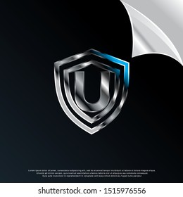 3D letter U inside shield icon, modern template logo design