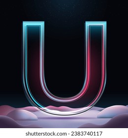 3D letter U with neon light insight.  Glass letter with sparkles and winter background. Holiday decoration. Element for design poster, advertisign or game