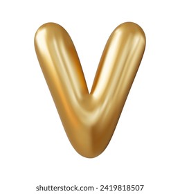 3d letter V uppercase gold color, Realistic 3d design in balloon style. Isolated on white background. 3d rendering. Vector illustration