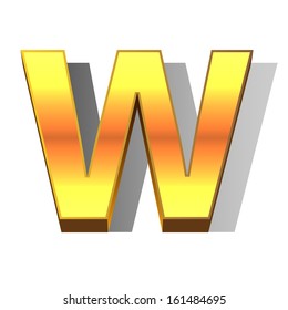 3d letter W in gold metal on a white isolated background. 