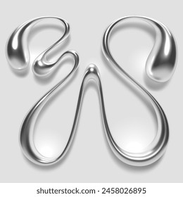 3d letter W melting liquid metal style. Abstract fluid droplet shape, glossy smooth shiny reflective surface with metallic chrome or silver gradient. Isolated vector letter for y2k style font design