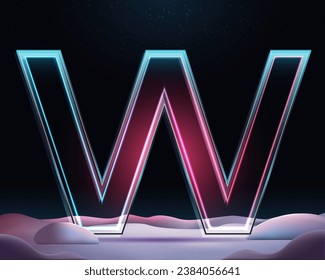 3D letter W with neon light insight.  Glass letter with sparkles and winter background. Holiday decoration. Element for design poster, advertisign or game