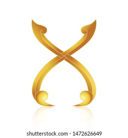 3D Letter X of Thai Art alphabet from Southeast Asia Art Style with premium golden font format with reflection effect on white background vector illustration.