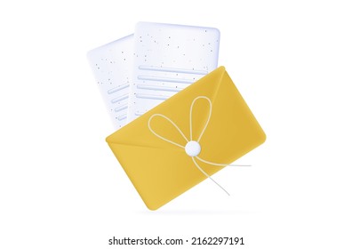3 d letra en sobre amarillo. Notificación de recepción de una carta. Mensaje, noticias en la página blanca A4. Recibido, comprobado y visto correo electrónico. Postal o trozo de papel con la respuesta. Ilustración del vector