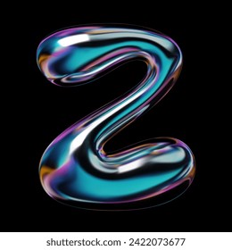 3D letter Z from the English alphabet in Y2K style. Balloon bubble shape in liquid metal with smooth, glossy, holographic rainbow surface. Isolated vector for retro-futuristic 2000s design svg