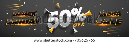 3D lettering Black Friday Mega Sale with 50% Off. Creative glowing social media banner design.