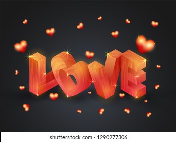 3D lettering of Love on black background decorated with tiny glossy heart shapes for Valentine's Day celebration.