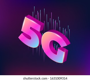 3d letters of 5G. Linear speed shapes on back side. Colorful gradient colors on the letters.