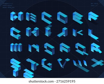 Letras 3D organizadas em um formato de grade com vários ângulos e tons de azul em um plano de fundo escuro