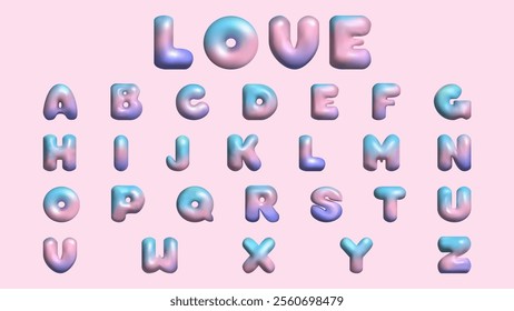 3D letters the English alphabet Y2K style. Bubble font. Text Love. Festive design. Rainbow Letters for Holiday.