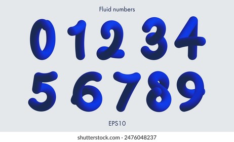 Conjunto de números. Juego de azul líquido de 0,1,2,3,4,5,6,7,8,9. EPS 10 Plantilla de Vector. Elementos de degradado azul vivo de moda. Números de color líquido para carteles, ilustraciones o fondos. Líquido de gradiente 3d.