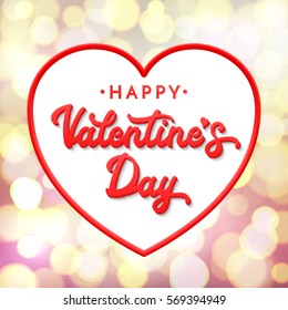 3d letters Happy Valentines day. Lettering inscription on abstract background with blurred gold bokeh lights. Celebrating greeting card or banner with red heart shaped frame. Font vector illustration.