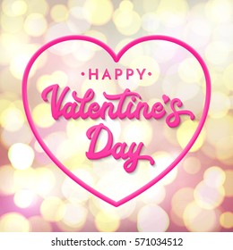 3d letters Happy Valentines day. Lettering inscription on abstract background with blurred gold bokeh lights. Celebrating greeting card or banner with pink heart shaped frame. Font vector illustration