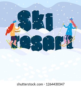 3D letters, the inscription ski resort, 3D letters in the snow in the mountains on the sign sit girls in skiing, Winter vacation flat landscape