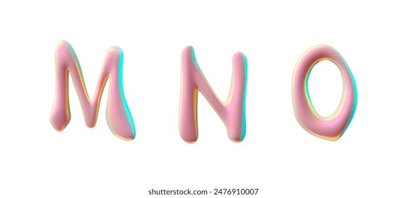 3d letters M,N,O in holographic pink color. The luxurious vector typography with rainbow gradient on a white background is perfect for futuristic design