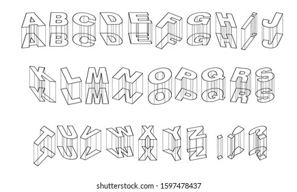 3D letters vector illustration. Black outline isolated on white background. Unique typography font.