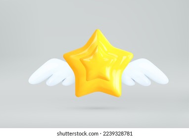 3d level up medal game icon. Cartoon yellow star with wings.Badge,insignia,label, award concept. Realistic vector illustration