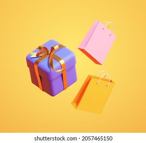 3d levitating gift box and shopping bags isolated on orange background. Suitable for shopping promotion theme.