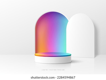 3D lgbtq background with realistic white cylinder podium. Pride flag rainbow gradient color in arch gate wall scene. Minimal mockup empty product display. Abstract vector 3D rendering. Stage showcase.