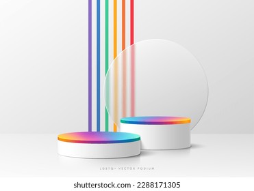 Fondo 3D LGBTQ+ con un podio peatonal de cilindro blanco y colorido realista. Las rayas verticales enorgullecen la escena de la pared de color arcoiris. Pantalla mínima de producto de simulación. Representación 3D del vector abstracto. Mostrar escenario