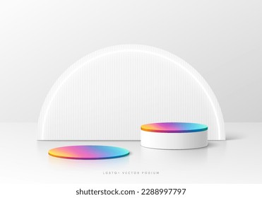 3D-LGBTQ-Hintergrund mit realistisch weißem, bunter Zylinderkopf. Stolze Regenbogenfarbe in Halbkreiswandszene. Minimale Auswahl leerer Produktdarstellung. Abstrakte Vektorgrafik 3D-Darstellung. Stufenvorführung.