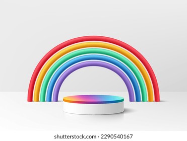 Fondo 3D LGBTQ con podio realista de cilindro blanco y colorido. Escena de pared de color arco iris orgulloso. Pantalla de producto vacía de simulación mínima. Representación 3D del vector abstracto. Muestra de escenario.