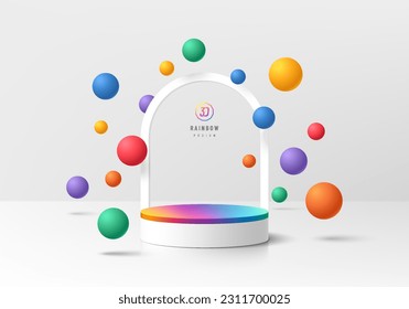 3D LGBTQ+ background realistic white cylinder pedestal podium with colorful bouncy balls.Wall minimal scene. Mockup empty product display. Abstract vector 3D rendering. Pride rainbow stage showcase.