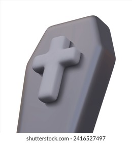 3D lid of black coffin with Christian cross. Vector mockup for Halloween raffles, web decorations. Isolated illustration on white background. Burial concept