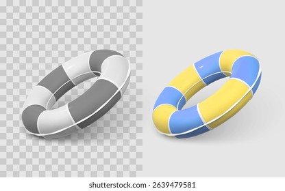 3D Life Ring Float with Colorful and Monochrome Variants on Transparent and Solid Backgrounds, Ideal for Summer, Water Safety, and Travel Designs. Vector Illustration.